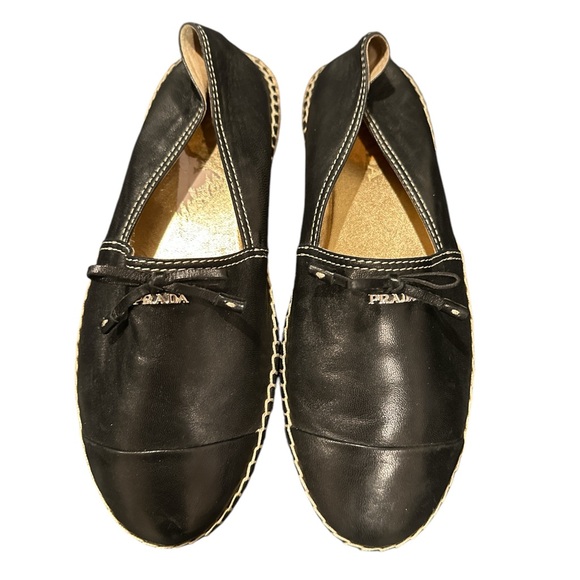 PRADA CALZATURE NAPPA BLACK ROUND TOE CAP LEATHER ESPADRILLES BOW 37 - Picture 2 of 12